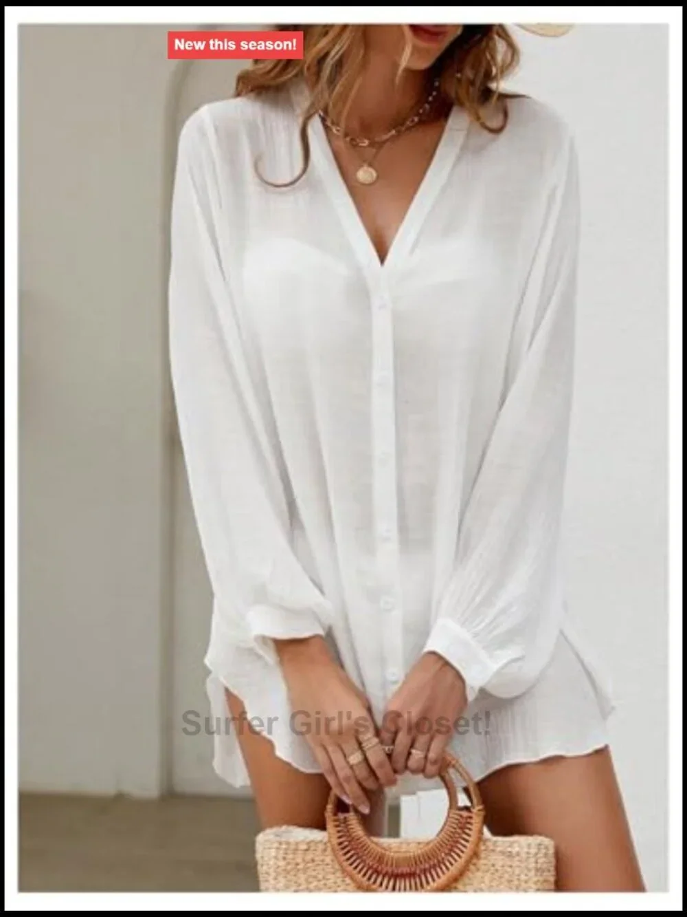 Sheer Kimono Cover Up V Neck Long Sleeve Button Down Beach Shirt